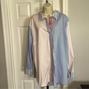 Lane Bryant 28 Button Front Shirt Checkered Multi Fabric Whimsical Long Sleeve